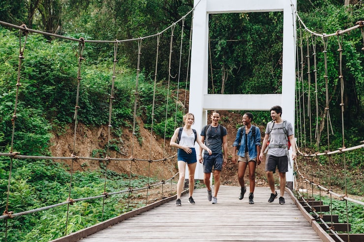 Group Friends Walking Bridge Tropical Countryside Adventure Journey Concept 53876 30592